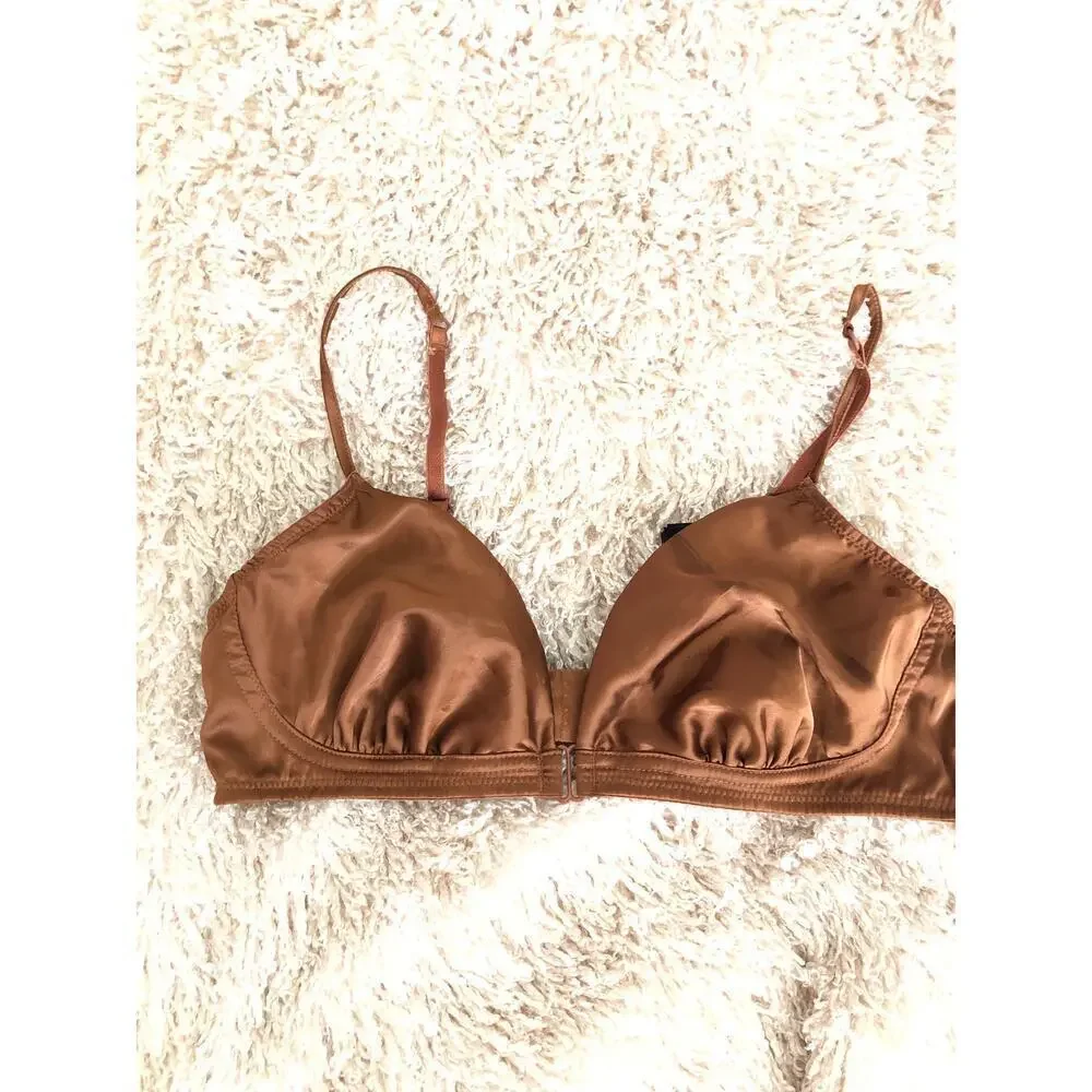 Mango Ruched Satin Bra Adjustable Straps Gathered Detail Brown Size Small